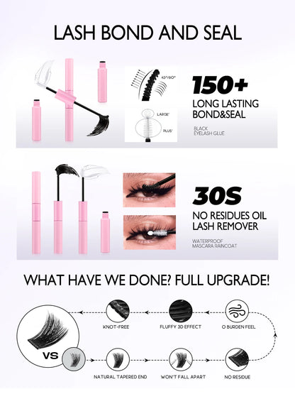GROINNEYA DIY Lash Clusters Kit – 640PCS Cat-Eye Individual Eyelash Extensions with Bond & Seal for At-Home Lash Application