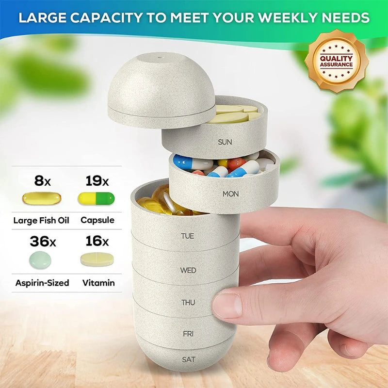 7 Day Weekly Pill Organizer Portable Waterproof Medicine Case Travel Pill Box 7 Compartments