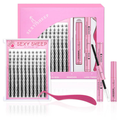 ISEEN DIY Lash Extension Kit – Mixed Style Lash Clusters with Bond & Seal, Remover, Tweezers & Lash Brush for Self-Application