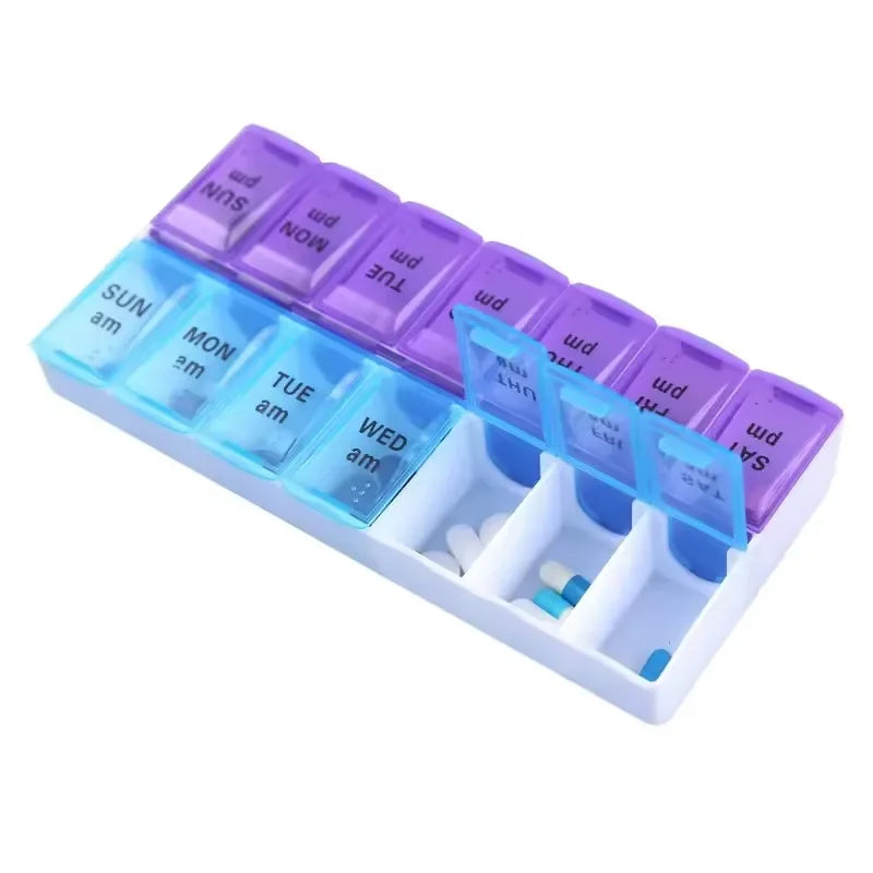 Weekly Pill Organizer Box – 7 Day Portable Travel Medicine Case with 14 Compartments for Pills, Vitamins & Supplements