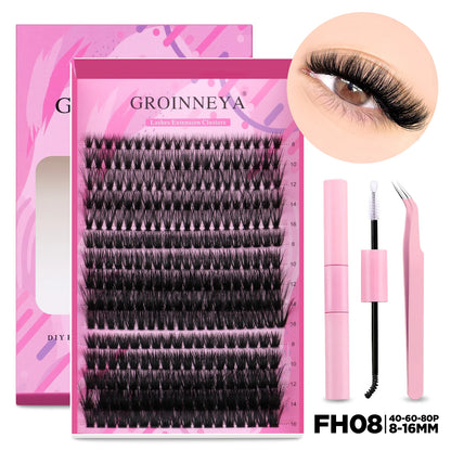 GROINNEYA DIY Lash Extension Kit – Cluster & Individual Lashes with Bond & Seal