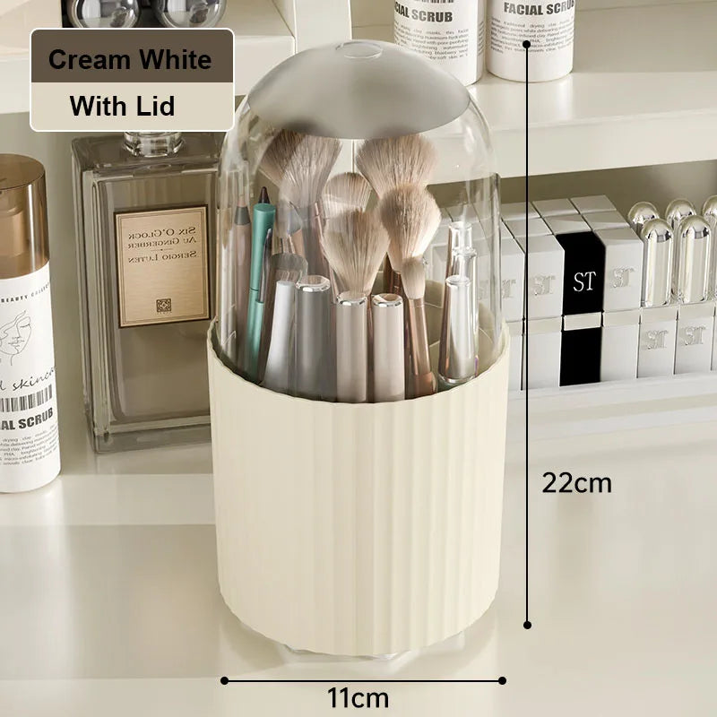360° Rotating Makeup Brush Holder – Waterproof Dustproof Storage Box, Desktop Cosmetic Organizer with Clear Cover