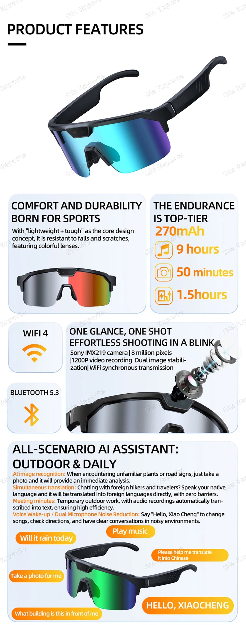 AI Smart Glasses HD Camera Video Recording Bluetooth Calls WiFi Sports Goggles