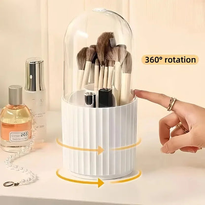 360° Rotating Makeup Brush Holder – Waterproof Dustproof Storage Box, Desktop Cosmetic Organizer with Clear Cover