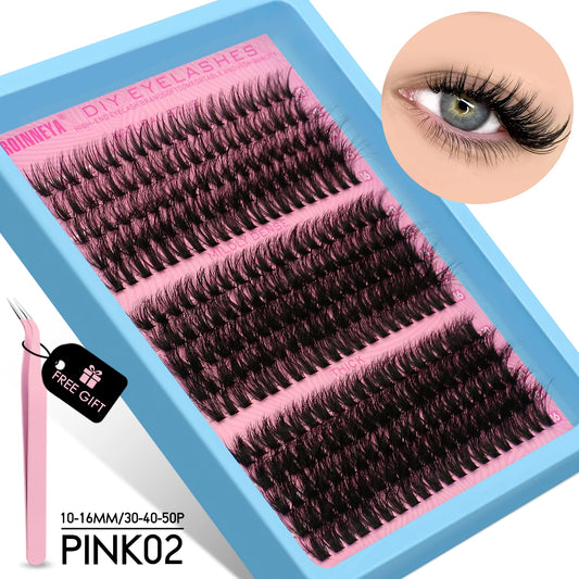 GROINNEYA DIY Fluffy Cluster Lashes Kit – Faux Mink Individual Eyelash Extensions, D-Curl Volume Mixed Tray for At-Home Lash Styling