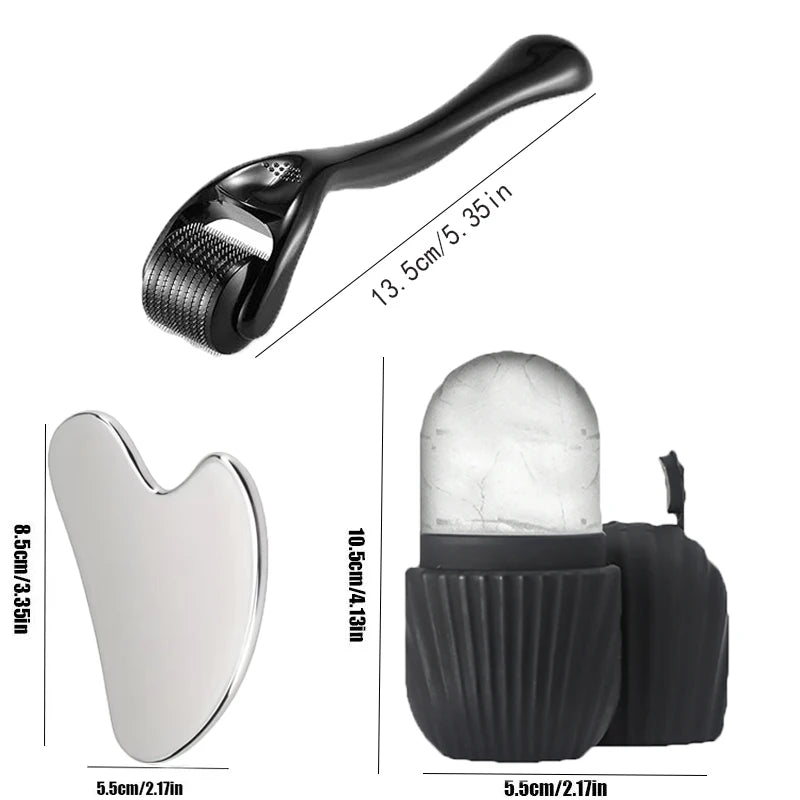 3-Piece Stainless Steel Facial Massage Tool Set – Ice Face Roller, Heart Gua Sha & Facial Roller