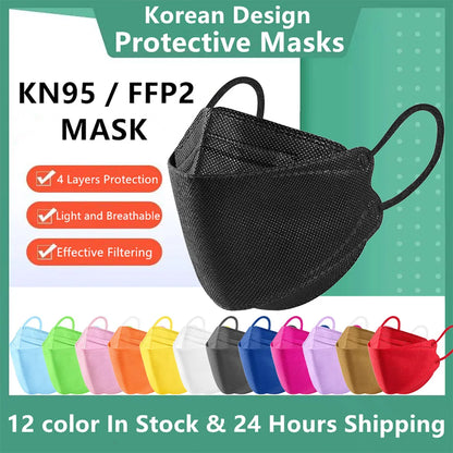 10-100 PCS FFP2 Face Masks – CE Approved, Disposable KN95/KF94 Black Fish-Style Masks