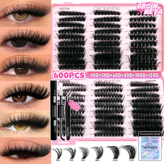 GROINNEYA Lash Clusters Kit – Cat Eye Cluster Eyelash Extensions with Lash Bond & Seal, DIY Large-Capacity Lash Kit