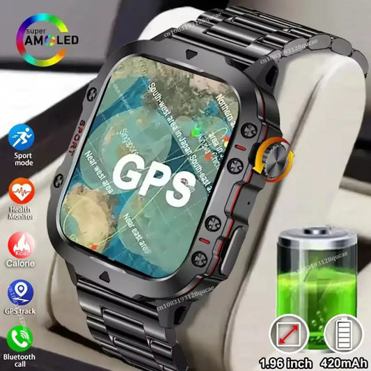 Rugged Military GPS Smart Watch for Men – Bluetooth Call, Heart Rate, Blood Oxygen, AI Voice, Sport & Waterproof