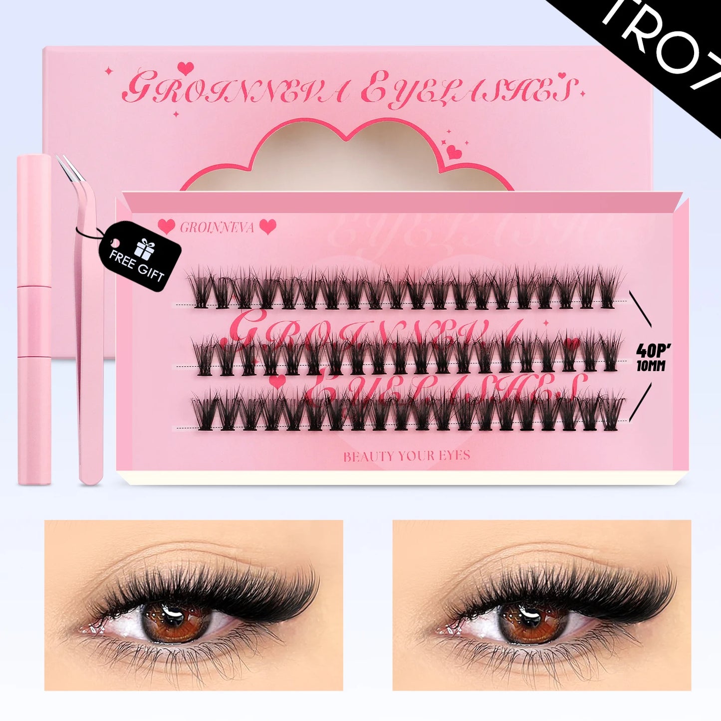 GROINNEYA DIY Lash Clusters Kit – Mixed Length Individual Eyelash Extensions with Bond & Seal, Tweezers Tool for At-Home Lash Application