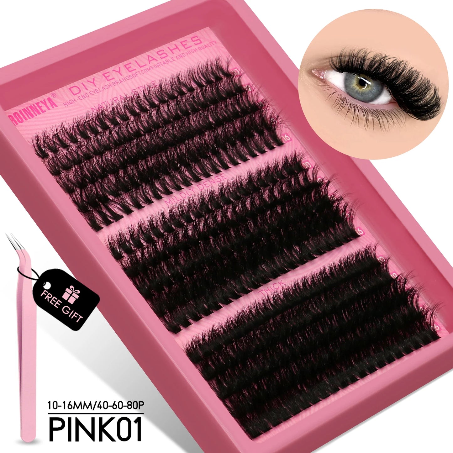 GROINNEYA DIY Fluffy Cluster Lashes Kit – Faux Mink Individual Eyelash Extensions, D-Curl Volume Mixed Tray for At-Home Lash Styling