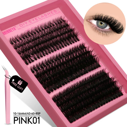 GROINNEYA DIY Fluffy Cluster Lashes Kit – Faux Mink Individual Eyelash Extensions, D-Curl Volume Mixed Tray for At-Home Lash Styling