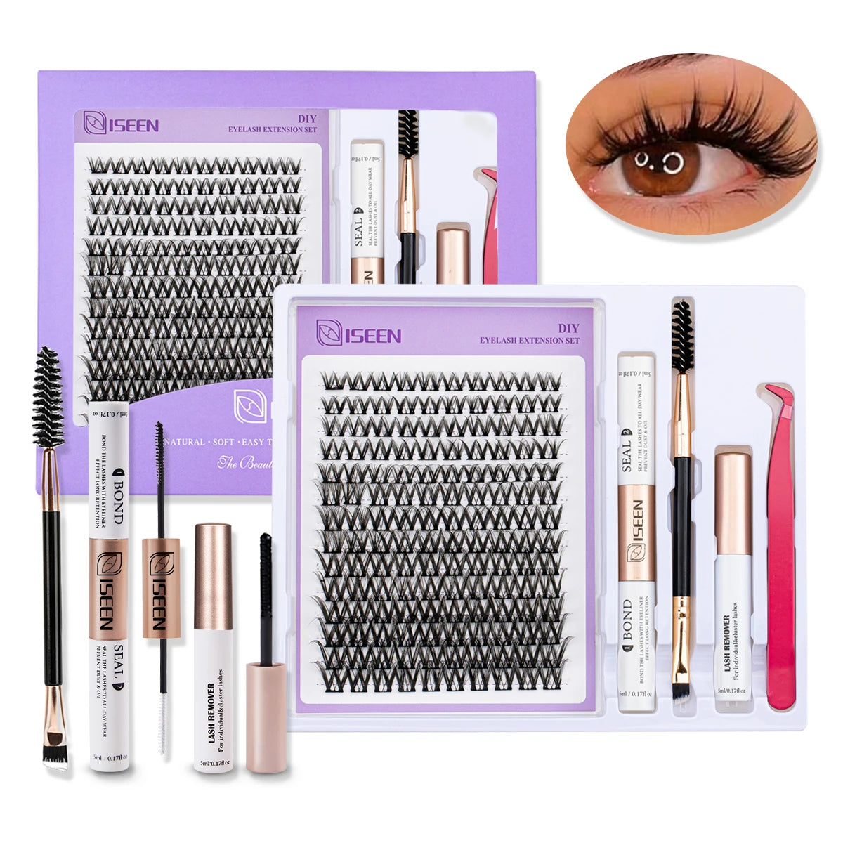 ISEEN DIY Lash Extension Kit – Mixed Style Lash Clusters with Bond & Seal, Remover, Tweezers & Lash Brush for Self-Application