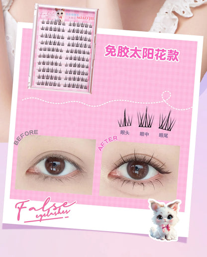 MIAOJIE No-Glue False Eyelashes – Easy 3-Step DIY Natural Look, Lightweight Reusable Lashes for Beginners, Sunflower Design