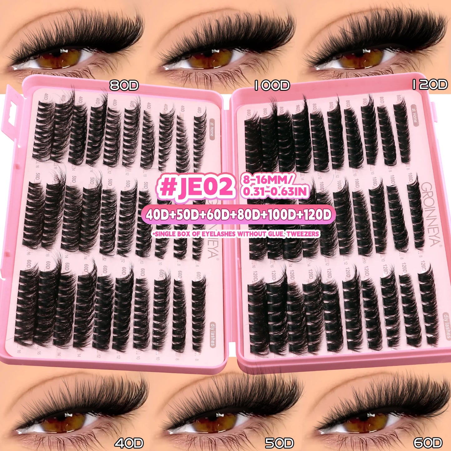 GROINNEYA Lash Clusters Kit – Cat Eye Cluster Eyelash Extensions with Lash Bond & Seal, DIY Large-Capacity Lash Kit