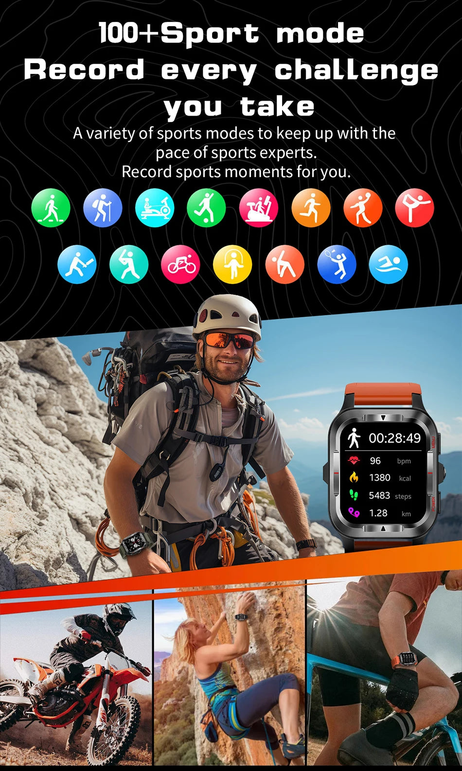 Men’s GPS Sports Smart Watch | Bluetooth Call | 480mAh Long Battery | LED Flashlight | 100+ Sport Modes | Life Waterproof