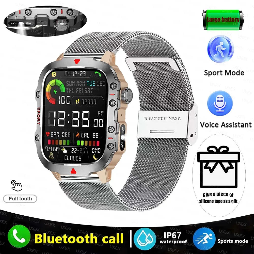 Rugged Men’s Bluetooth Call Smart Watch with Flashlight – 2.01” Outdoor Sports Fitness Watch for Android & iOS