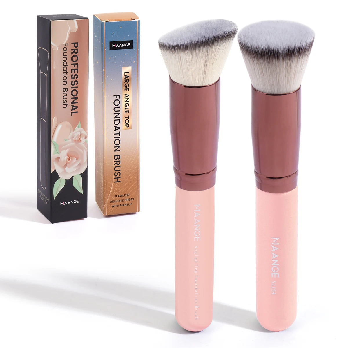 MAANGE 2PCS Foundation Makeup Brush Set – Flat & Angled Kabuki Brushes for Liquid, Cream & Powder, Soft Synthetic Bristles