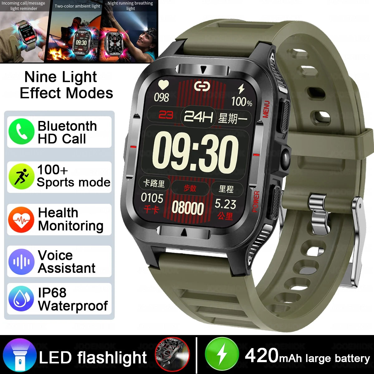 Men’s GPS Sports Smart Watch | Bluetooth Call | 480mAh Long Battery | LED Flashlight | 100+ Sport Modes | Life Waterproof