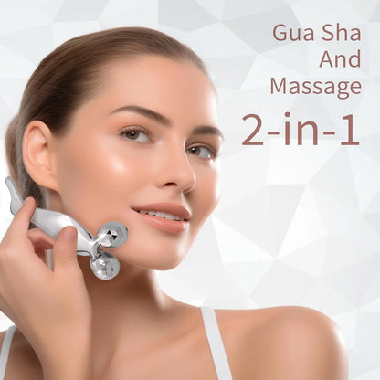 2-in-1 3D Face Roller & Gua Sha Tool Stainless Steel Facial Massager Cold Beauty Tool