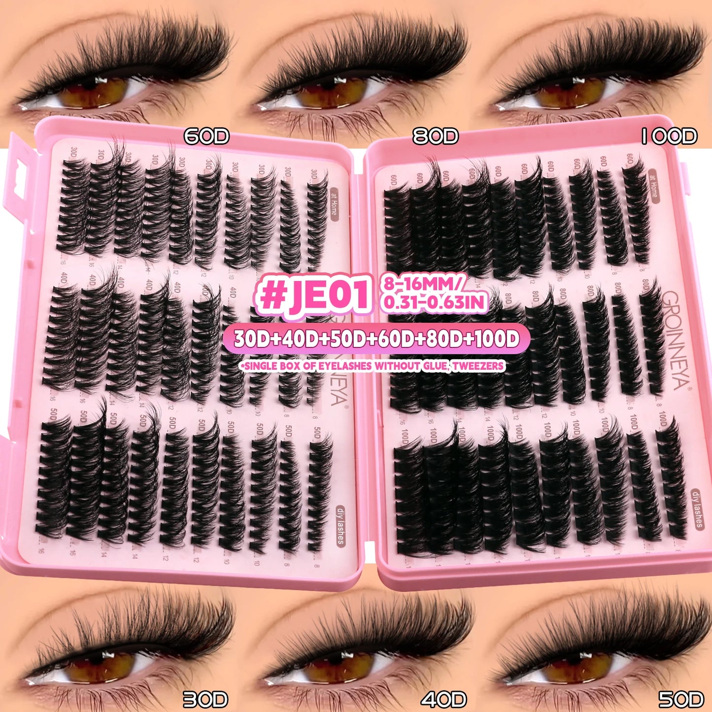 GROINNEYA Lash Clusters Kit – Cat Eye Cluster Eyelash Extensions with Lash Bond & Seal, DIY Large-Capacity Lash Kit