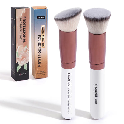 MAANGE 2PCS Foundation Makeup Brush Set – Flat & Angled Kabuki Brushes for Liquid, Cream & Powder, Soft Synthetic Bristles