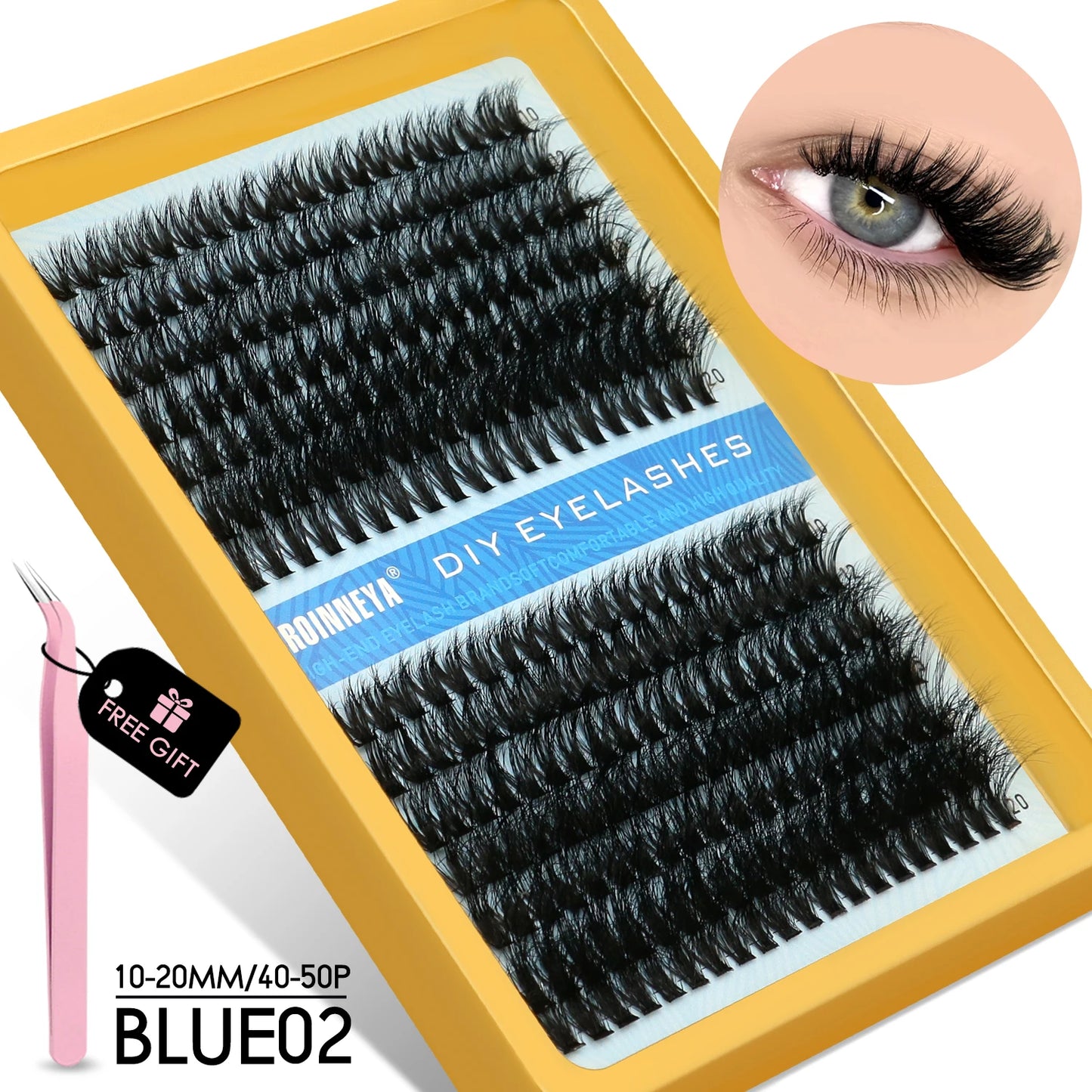 GROINNEYA DIY Fluffy Cluster Lashes Kit – Faux Mink Individual Eyelash Extensions, D-Curl Volume Mixed Tray for At-Home Lash Styling
