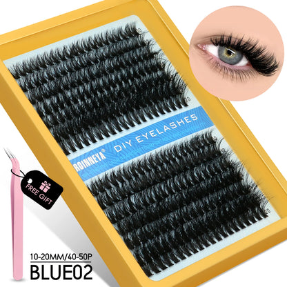 GROINNEYA DIY Fluffy Cluster Lashes Kit – Faux Mink Individual Eyelash Extensions, D-Curl Volume Mixed Tray for At-Home Lash Styling