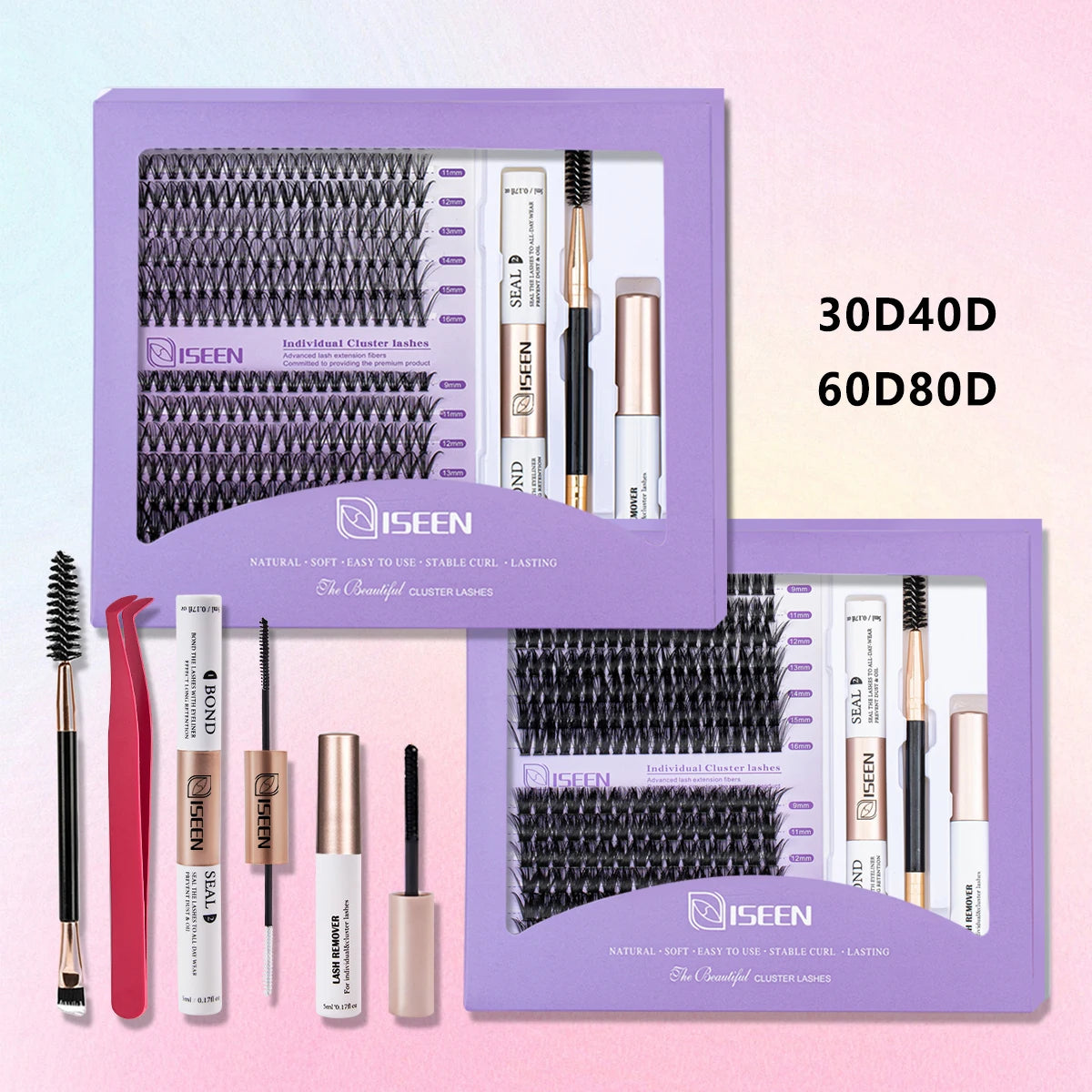 ISEEN DIY Lash Extension Kit – Mixed Style Lash Clusters with Bond & Seal, Remover, Tweezers & Lash Brush for Self-Application
