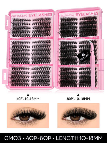 GROINNEYA DIY Lash Clusters Kit – 640PCS Cat-Eye Individual Eyelash Extensions with Bond & Seal for At-Home Lash Application
