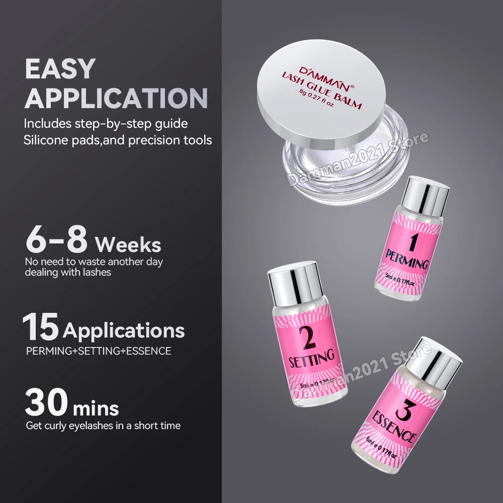 Damman Professional Lash Lift Kit – Eyelash Curling & Lifting Perm Set with Silicone Pads, Glue Balm & Tools for Salon or Advanced Home Use