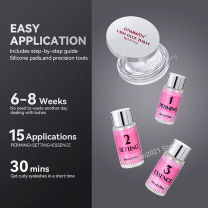 Damman Professional Lash Lift Kit – Eyelash Curling & Lifting Perm Set with Silicone Pads, Glue Balm & Tools for Salon or Advanced Home Use