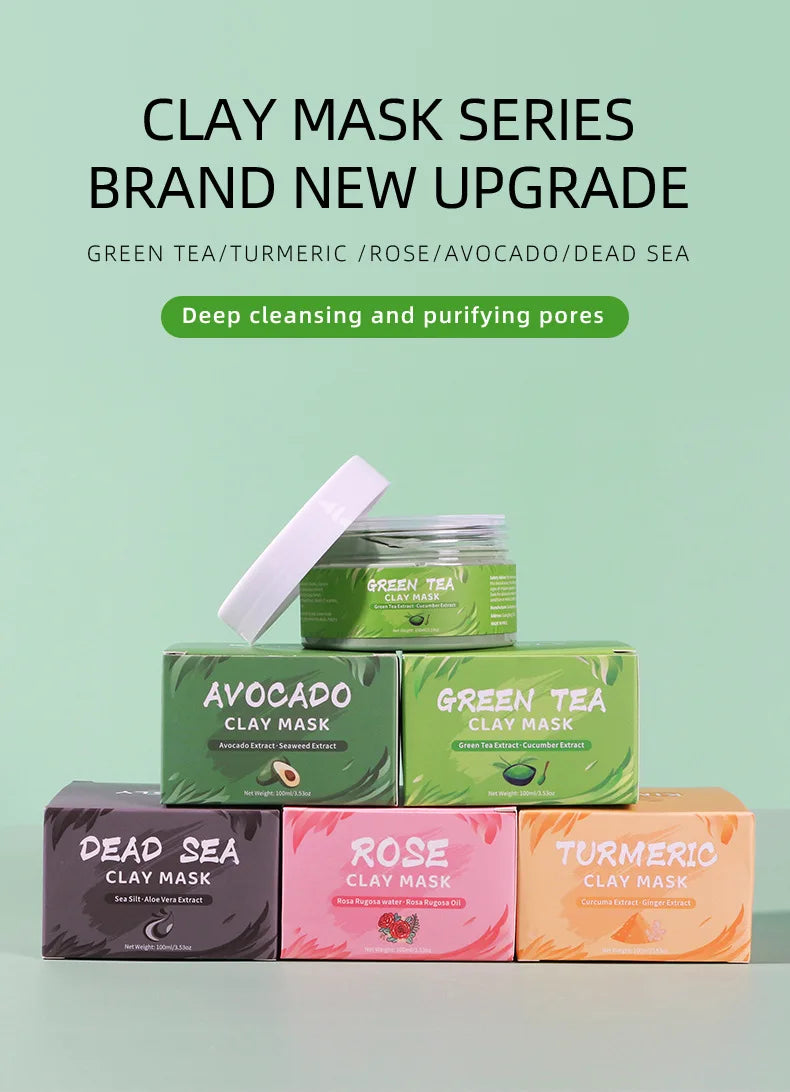 Turmeric, Green Tea, Rose & Avocado Clay Facial Mask – Hydrating, Brightening & Blackhead Removal Mud Skincare Treatment