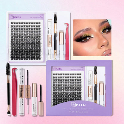 ISEEN DIY Lash Extension Kit – Mixed Style Lash Clusters with Bond & Seal, Remover, Tweezers & Lash Brush for Self-Application