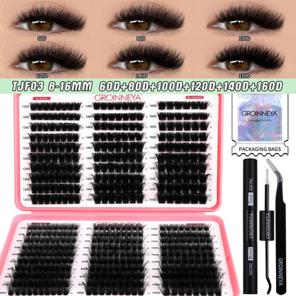 GROINNEYA DIY Lash Clusters Kit – Mixed Length Individual Eyelash Extensions with Bond & Seal, Tweezers Tool for At-Home Lash Application