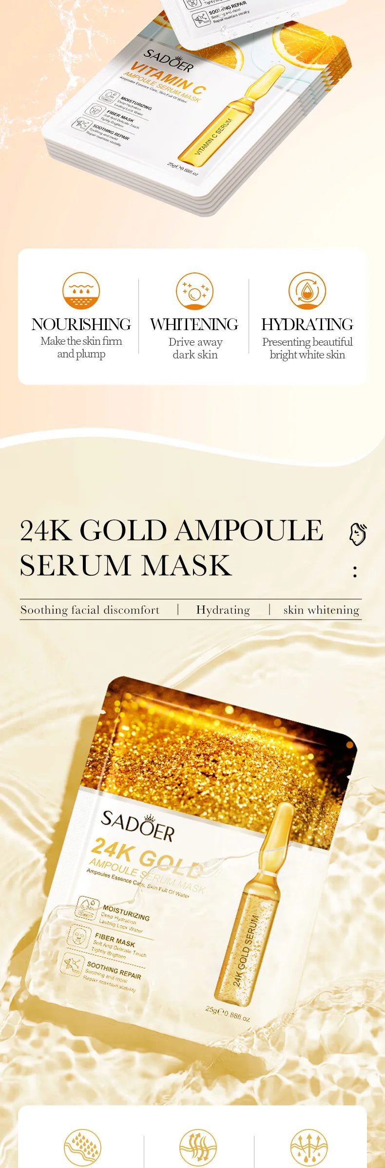 10-30 Pcs SADOER 24K Gold Vitamin C & Hyaluronic Acid Facial Masks – Moisturizing, Firming & Hydrating Skincare Treatment