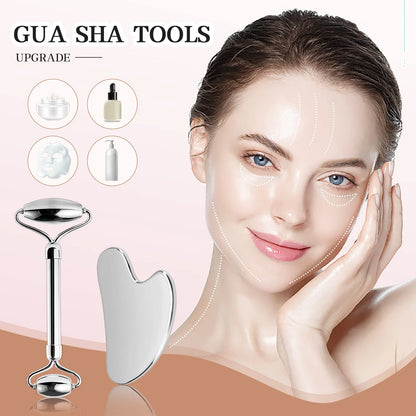 6-Piece Stainless Steel Facial Care Tool Set – Ice Roller, Gua Sha Scraper & Storage Bag