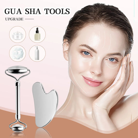6-Piece Stainless Steel Facial Care Tool Set – Ice Roller, Gua Sha Scraper & Storage Bag
