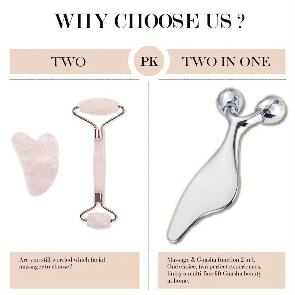 2-in-1 3D Face Roller & Gua Sha Tool Stainless Steel Facial Massager Cold Beauty Tool