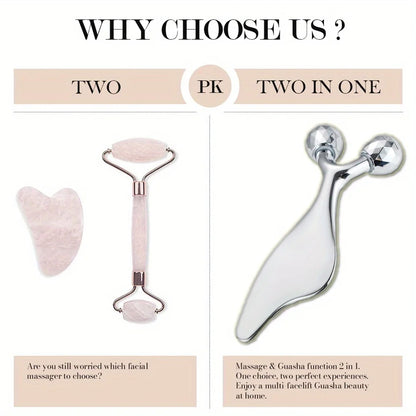 2-in-1 3D Face Roller & Gua Sha Tool Stainless Steel Facial Massager Cold Beauty Tool