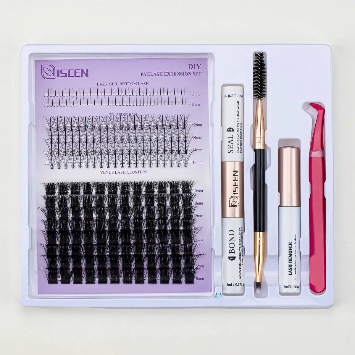 ISEEN DIY Lash Extension Kit – Mixed Style Lash Clusters with Bond & Seal, Remover, Tweezers & Lash Brush for Self-Application