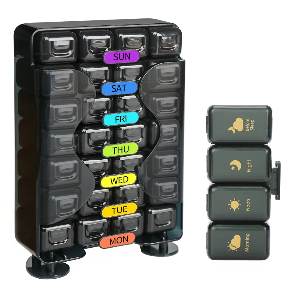 Weekly Pill Organizer 4 Times a Day – Large 7-Day Pill Box with Drawer Design | Travel Medication Case | BPA-Free Pill Storage