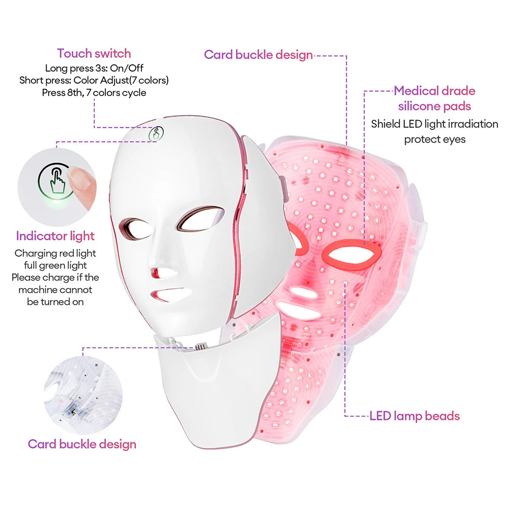 7-Color LED Face & Neck Light Therapy Mask – Electric Facial Skincare Mask with Remote Control