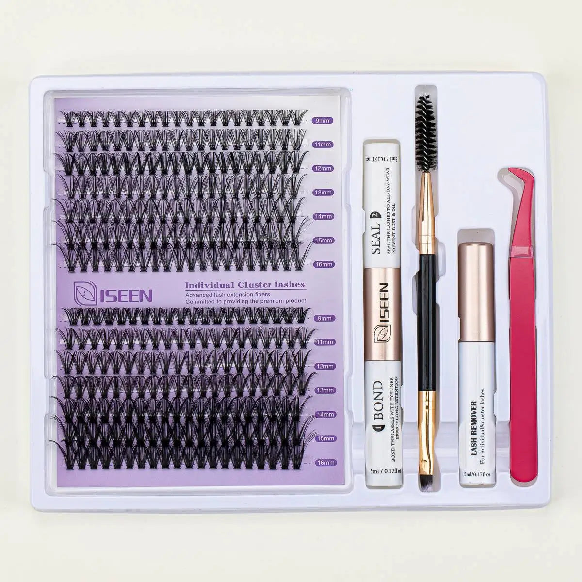 ISEEN DIY Lash Extension Kit – Mixed Style Lash Clusters with Bond & Seal, Remover, Tweezers & Lash Brush for Self-Application