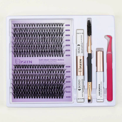 ISEEN DIY Lash Extension Kit – Mixed Style Lash Clusters with Bond & Seal, Remover, Tweezers & Lash Brush for Self-Application