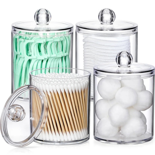 4 Pack Clear Acrylic Qtip Holder Dispenser – Cotton Swab, Ball, Pad & Floss Pick Storage Containers for Bathroom & Vanity Organizer