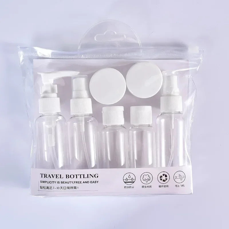 7PCS Travel Refillable Bottle Set with Clear Bag – Portable Toiletry Kit for Shampoo, Lotion, Body Wash, Skincare & More