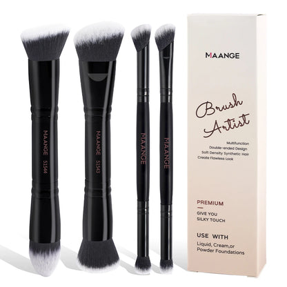 MAANGE 4-Piece Makeup Brush Set with Case – Dual-Ended Foundation, Powder & Eyeshadow Brushes