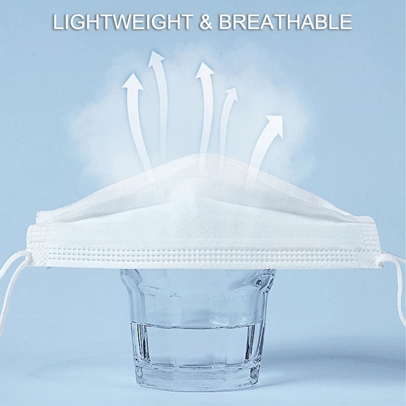 50PCS Disposable Face Masks – 3-Layer Non-Woven Breathable Masks with Soft Ear Loops | Black, Blue, White, Pink Color Options