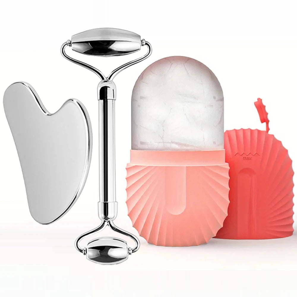 Stainless Steel Ice Face Roller & Gua Sha Set – Facial Massage & Skincare Tool Kit